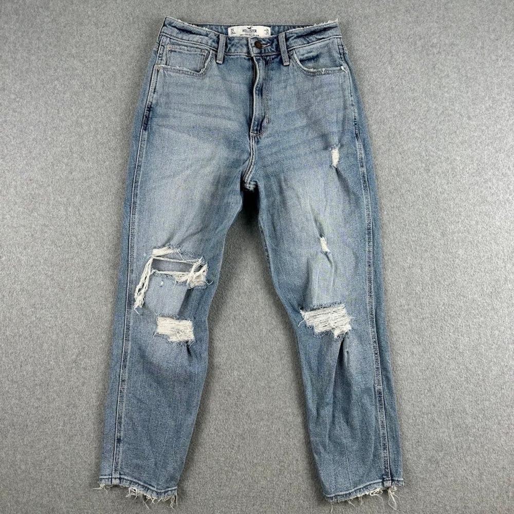 Hollister Curvy High Rise Mom Jeans Light Wash Ripped Distressed 26x25‎ Denim